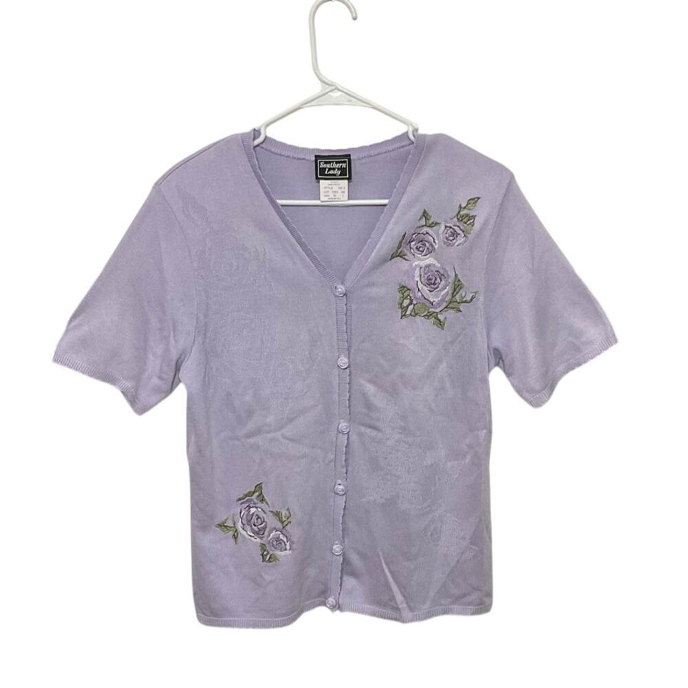 VTG Purple Floral Embroidered Short Sleeve Cardigan Medium Button Front